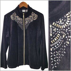 Zenergy Chicos Size 2 Large Jacket Zip Up Brown Velvet Velour Gemstone Bling